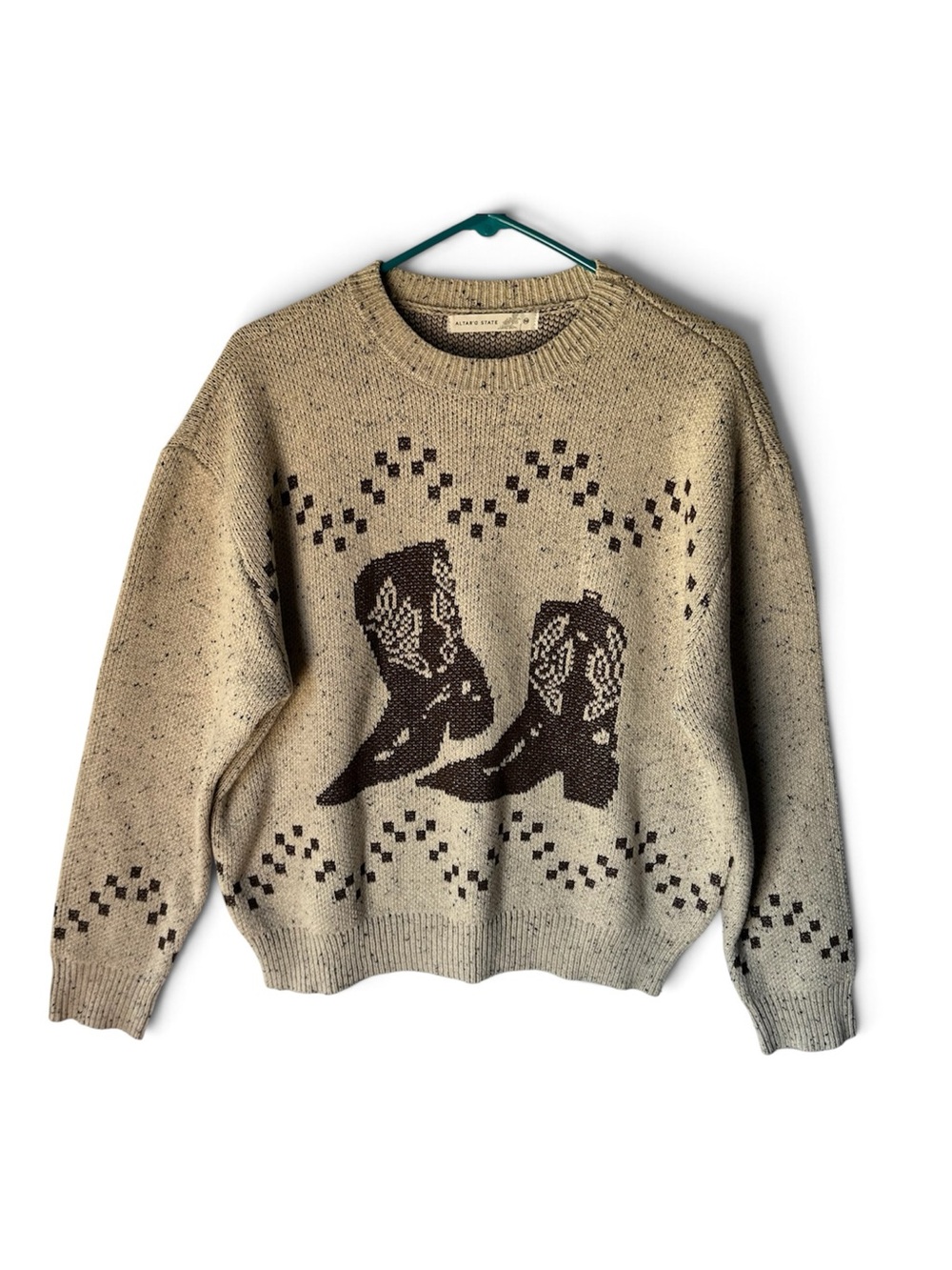 Altar’d State Cowboy Boot Graphic Crewneck Knit Grandpa Sweater NWT